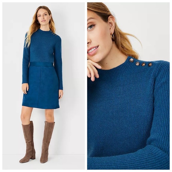 Ann Taylor Dresses & Skirts - BEAUTIFUL Ann Taylor Petite Mock Neck Faux Suede Sweater Dress Size SP Blue